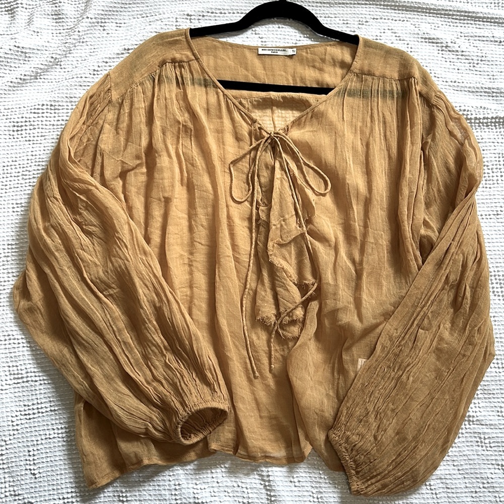 Mes Demoiselles Paris Golden Yellow Sheer Blouse with Tie front NEW